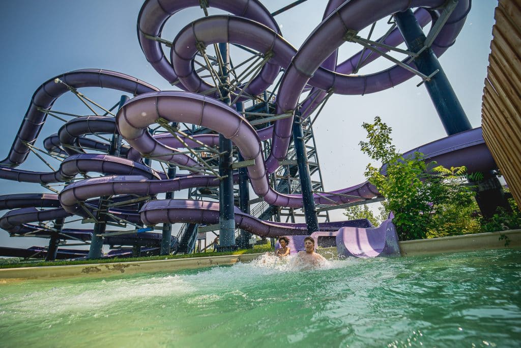 glissades d'eau, bassin, parc aquatique, plaisir, mauve