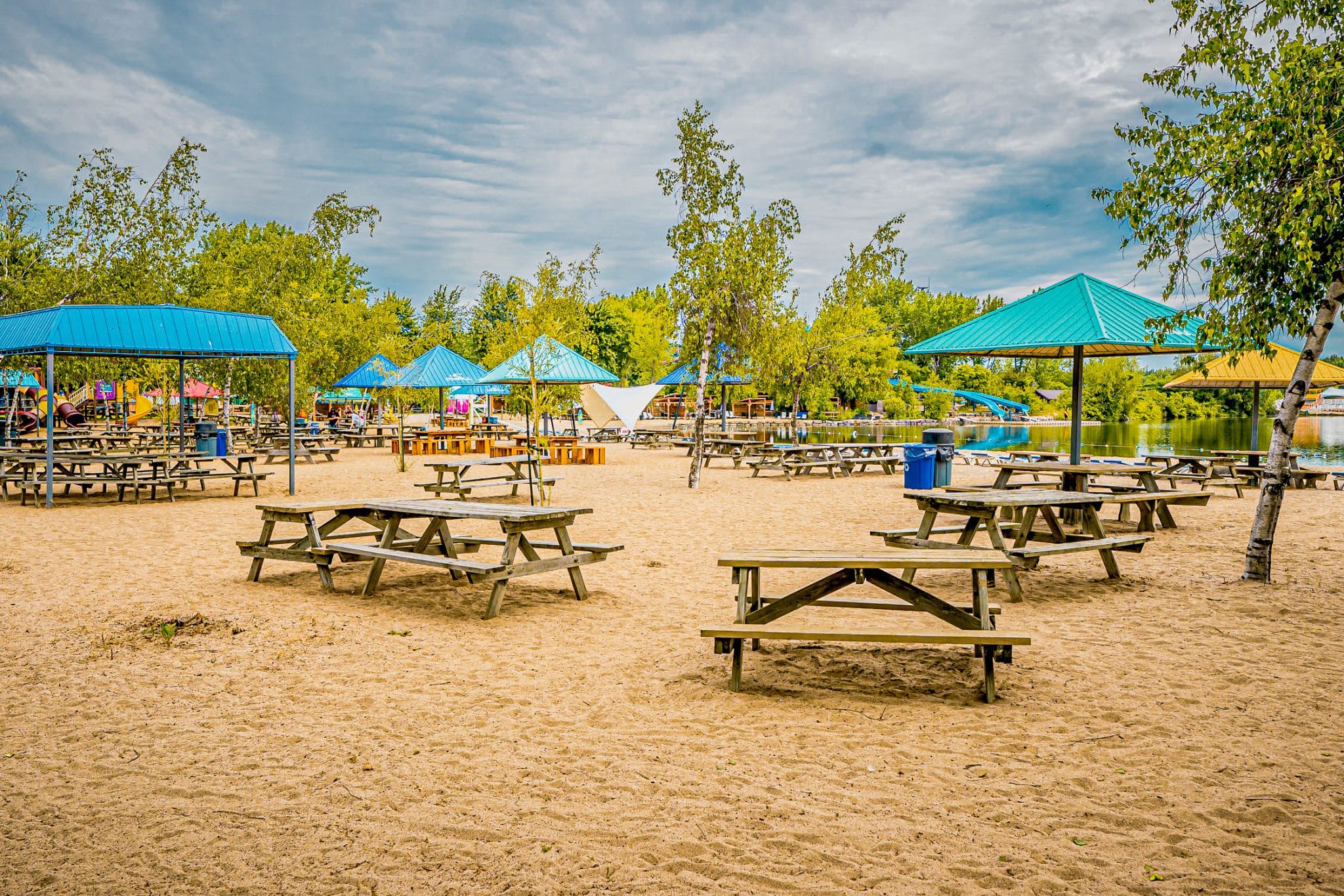 plage, parasol, sable, arbres