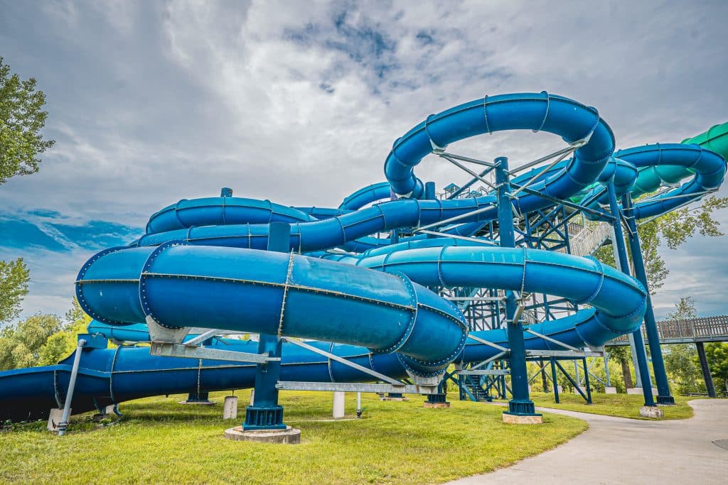 glissade, d'eau, bleu, ciel, parc aquatique