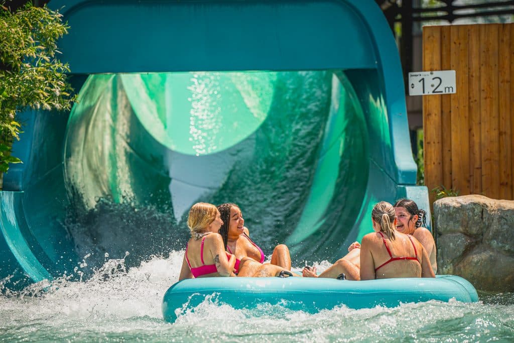 glissade d'eau, turquoise, fille, plaisir